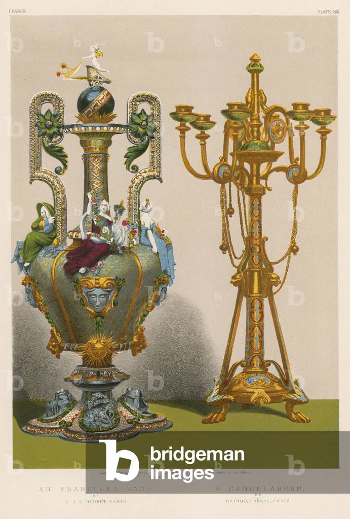 An Enamelled Vase by L J L Hubert, Paris; A Candelabrum by Raingo, Freres, Paris (chromolitho)