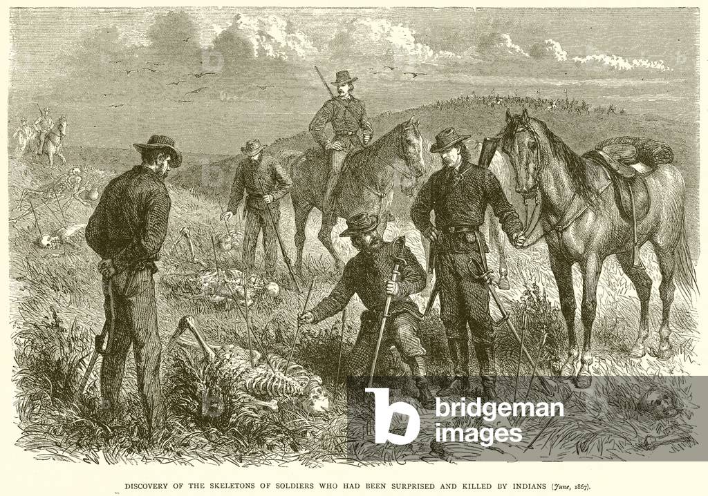 Discovery of the Skeletons of Soldiers who had been surprised and Killed by Indians (June, 1867) (engraving)
