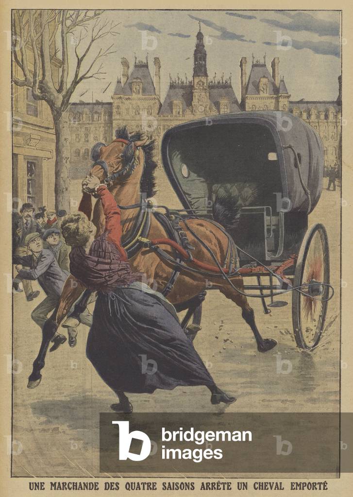 A female Parisian market trader stopping a runaway horse (colour litho)