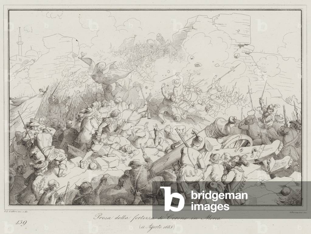 Presa della fortezza di Corone in Morea, 1685 (engraving)