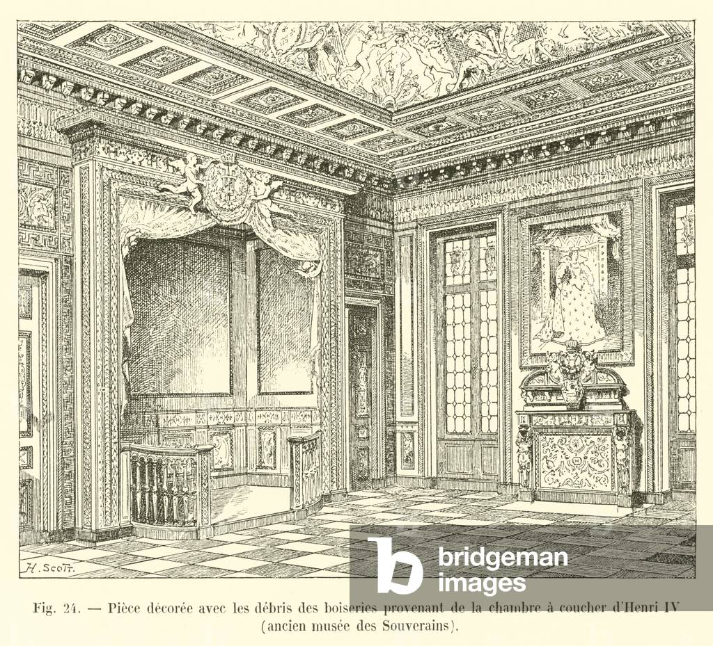 Piece decoree avec les debris des boiseries provenant de la chambre a coucher d'Henri IV, ancien musee des Souverains (engraving)