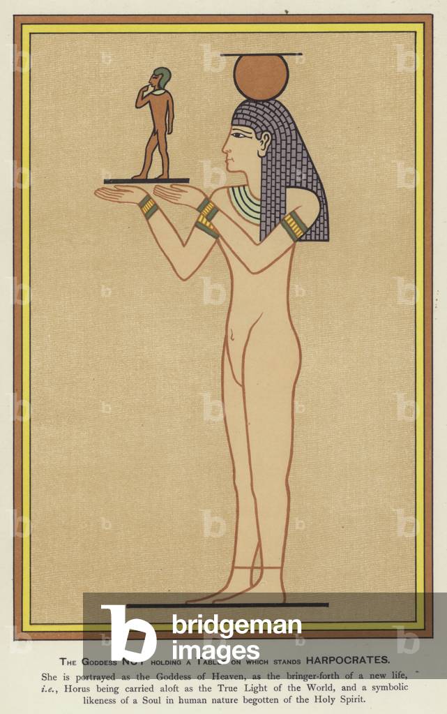 The Goddess Nut holding a tablet on which stands Harpocrates (colour litho)