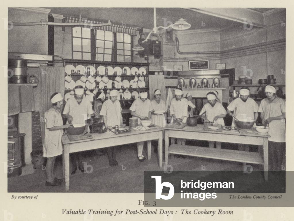 Valuable Training for Post-School Days, The Cookery Room (b/w photo)
