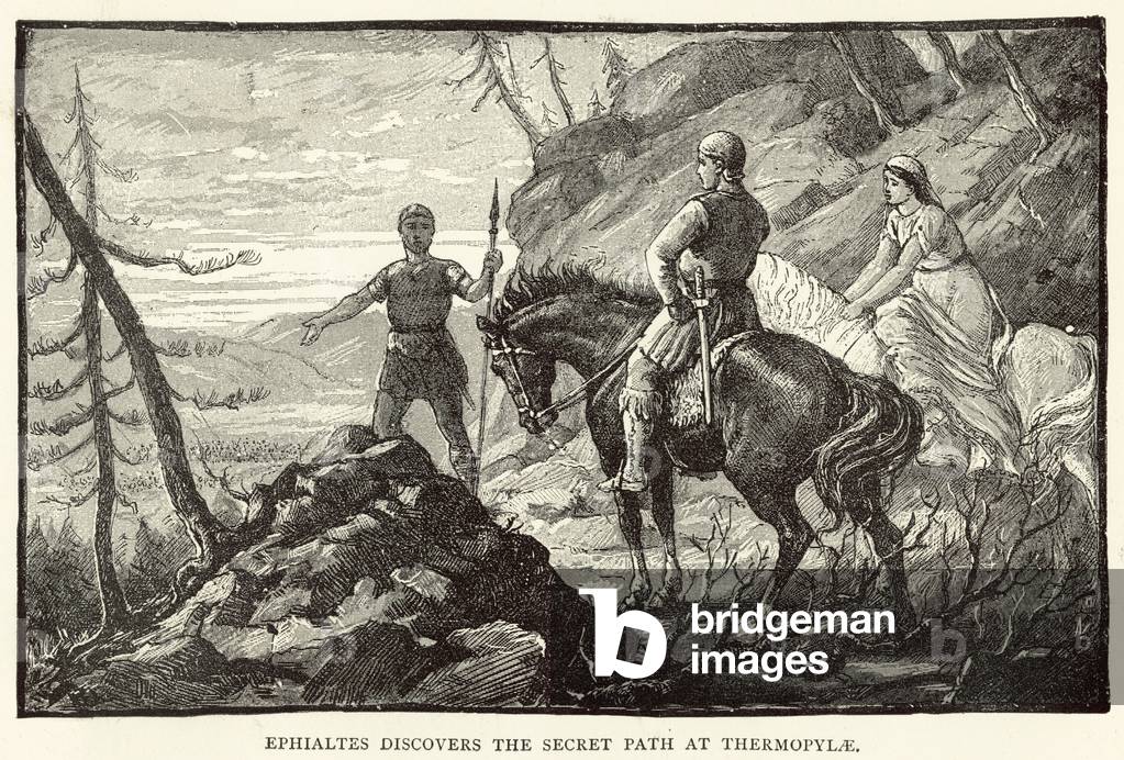 Ephialtes discovers the Secret Path at Thermopylae (engraving)