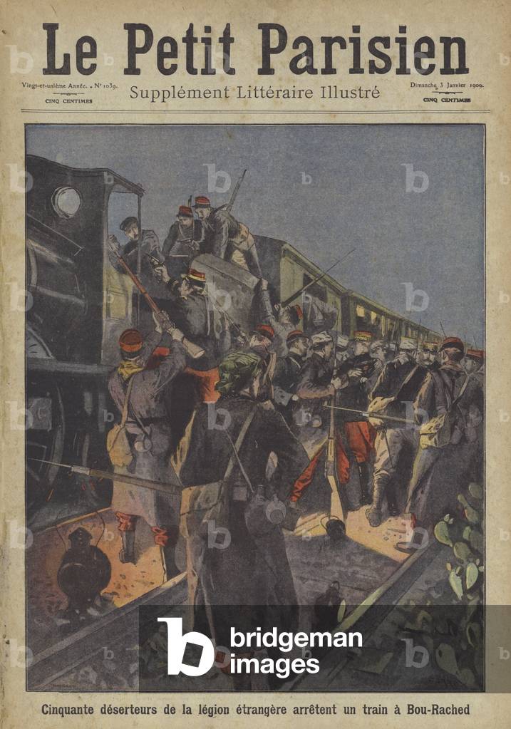 Fifty deserters from the French Foreign Legion stopping a train at Bourached, Algeria (colour litho)