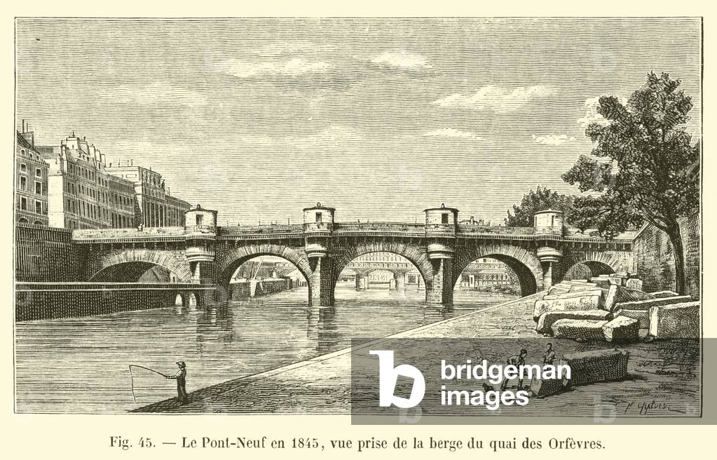 Le Pont-Neuf en 1845, vue prise de la berge du quai des Orfevres (engraving)