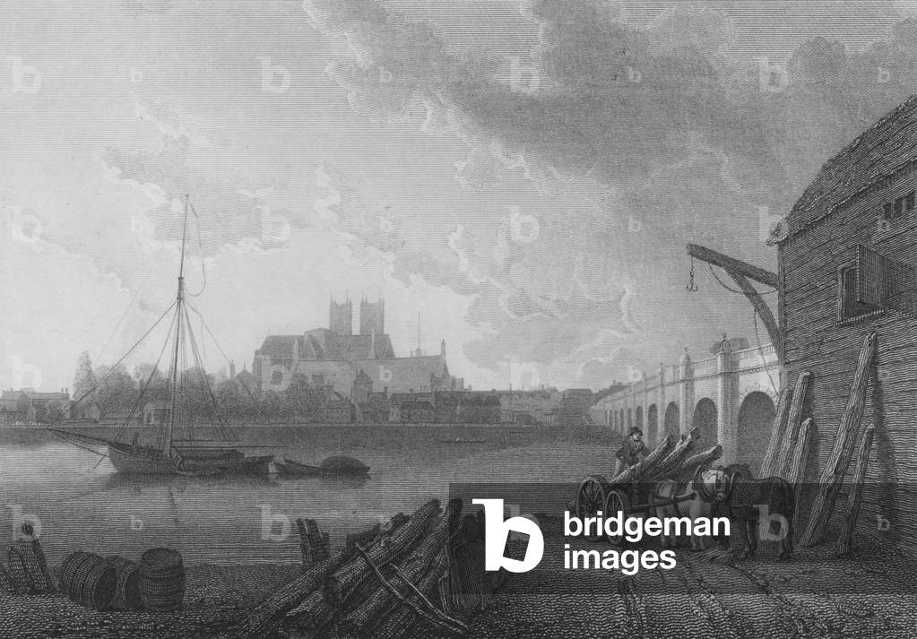 Westminster, shewing the Abbey, Hall, Bridge, etc, from the opposite side of the Thames (engraving)