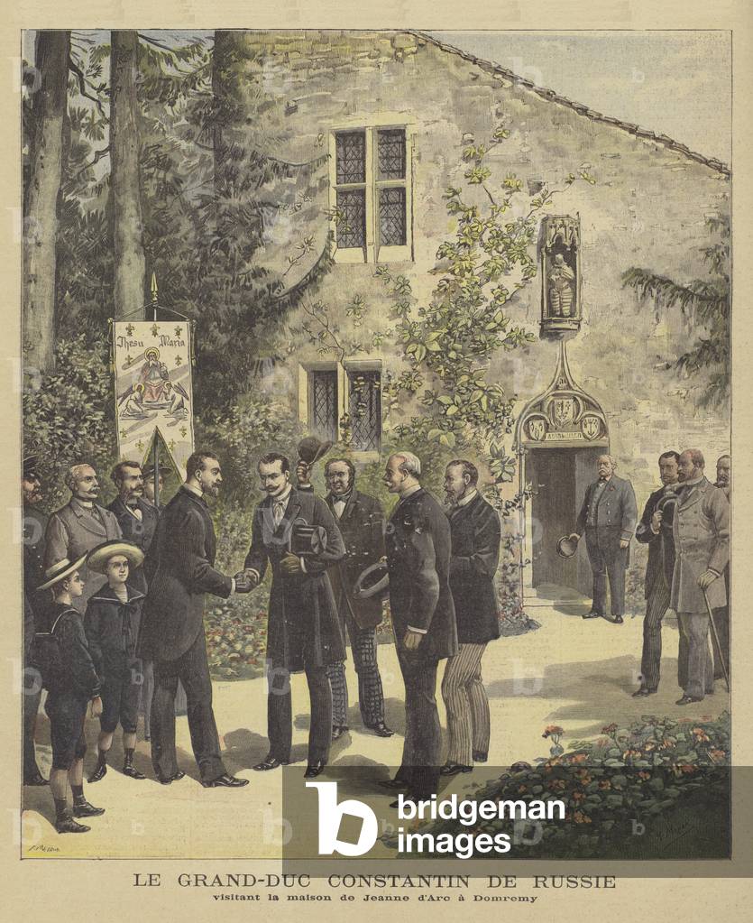 Grand Duke Konstantin of Russia visiting the house of Joan of Arc at Domremy (colour litho)