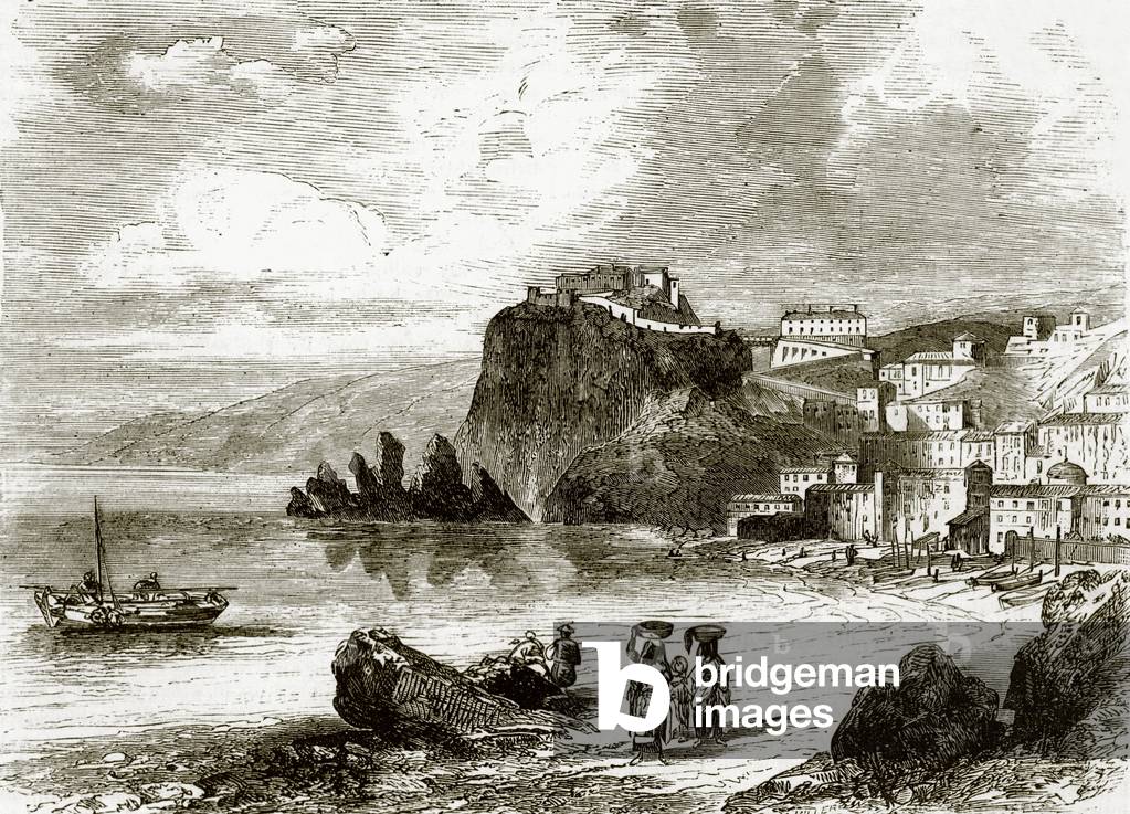 "La roccia e la città di Scilla" di English School, b/w