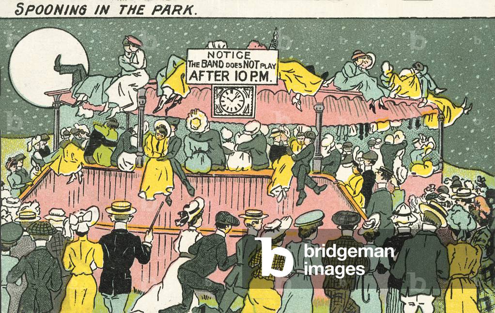 Bandstand in a park filled with courting couples cuddling (chromolitho)