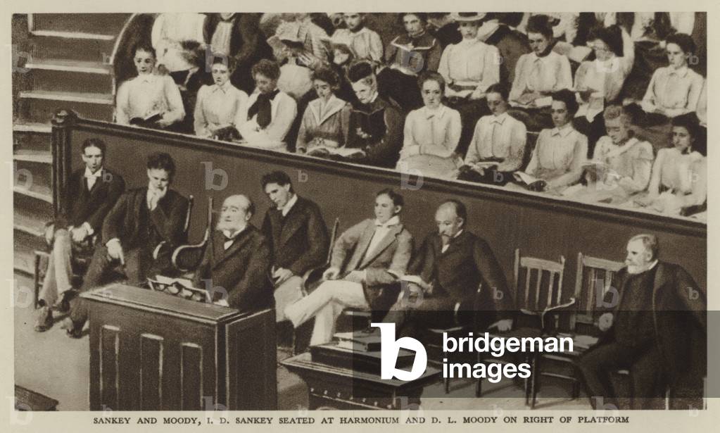 Sankey and Moody, I D Sankey Seated at Harmonium and D L Moody on Right of Platform (b/w photo)