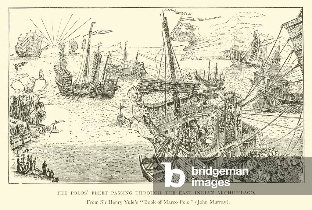 The Polos' fleet passing through the East Indian archipelago (litho)