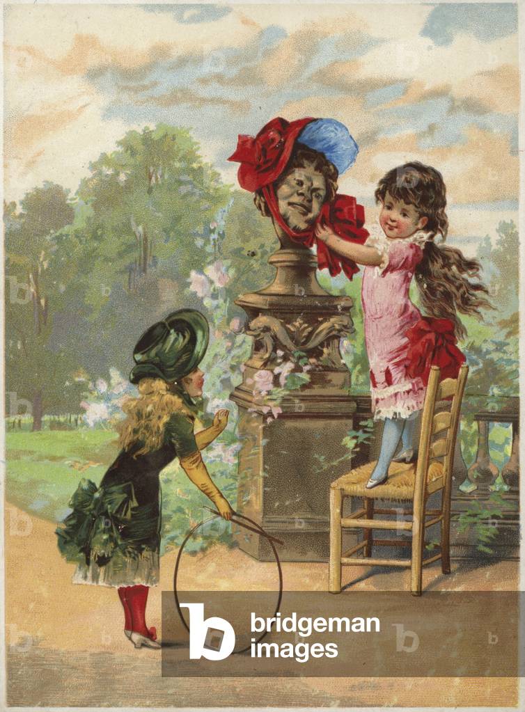 Girl putting bonnet on statue; another girl with hoop (chromolitho)