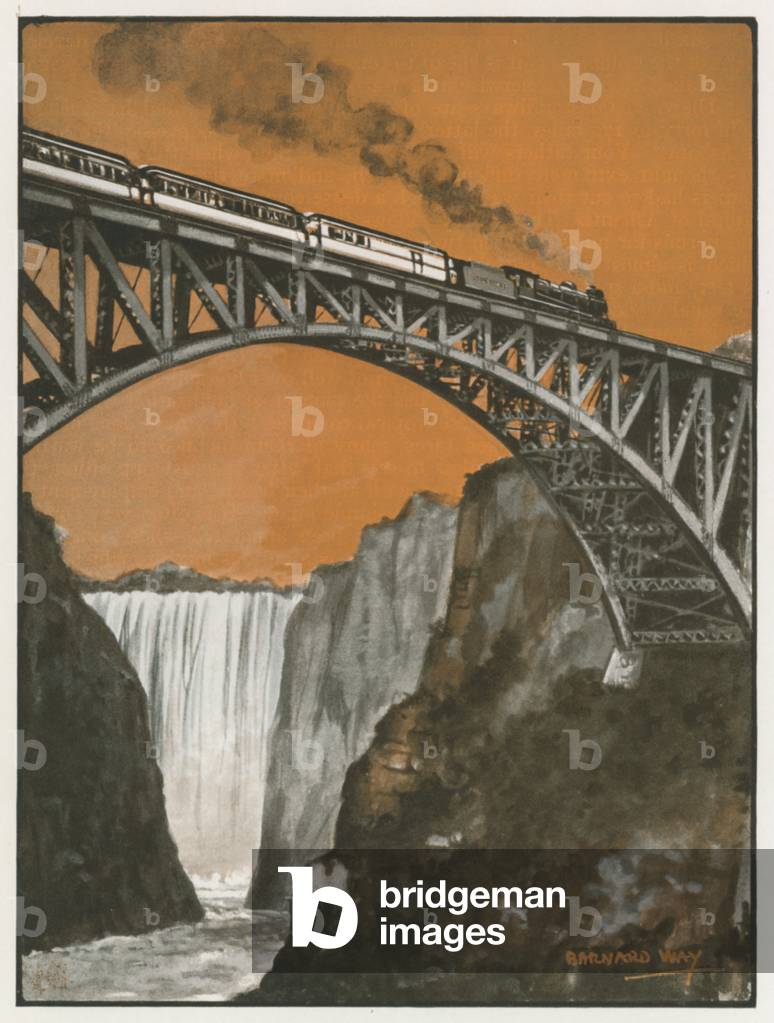 Rhodesia, Crossing the Bridge over the Zambesi River at Victoria Falls (colour litho)