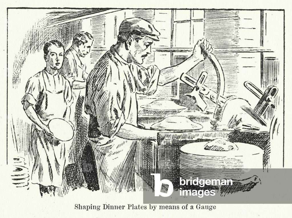 Shaping dinner plates by means of a gauge (litho)