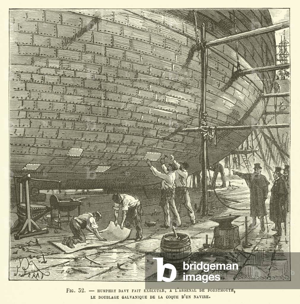 Humphry Davy Fait Executer, A L'Arsenal De Porstmouth, Le Doublage Galvanique De La Coque D'Un Navire (engraving)