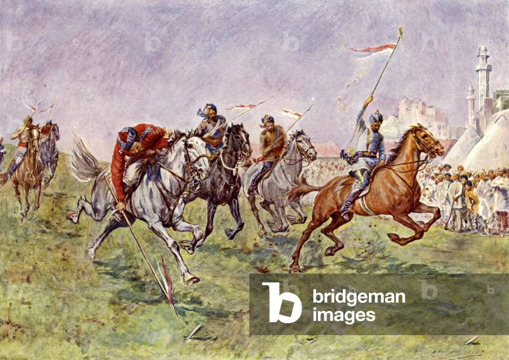 Tent-pegging in India (colour litho)