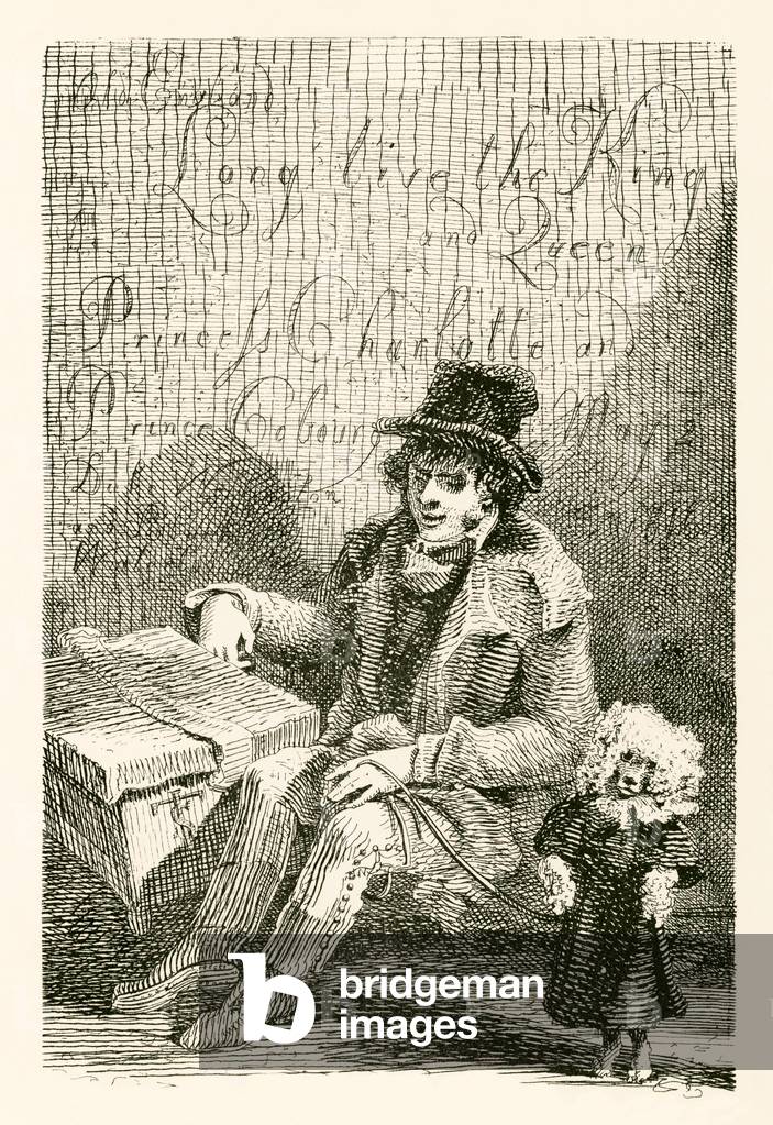 Charles Wood, a blind man, with an organ and a dancing dog (engraving)