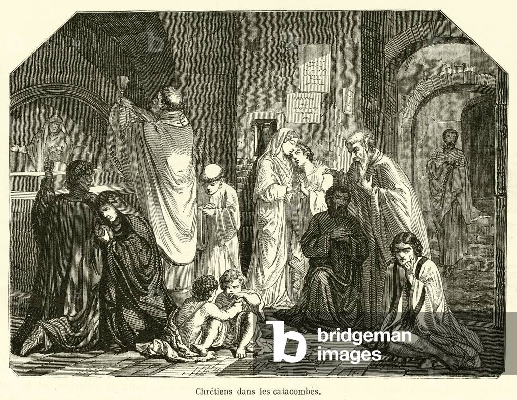 Chretiens dans les catacombes (engraving)