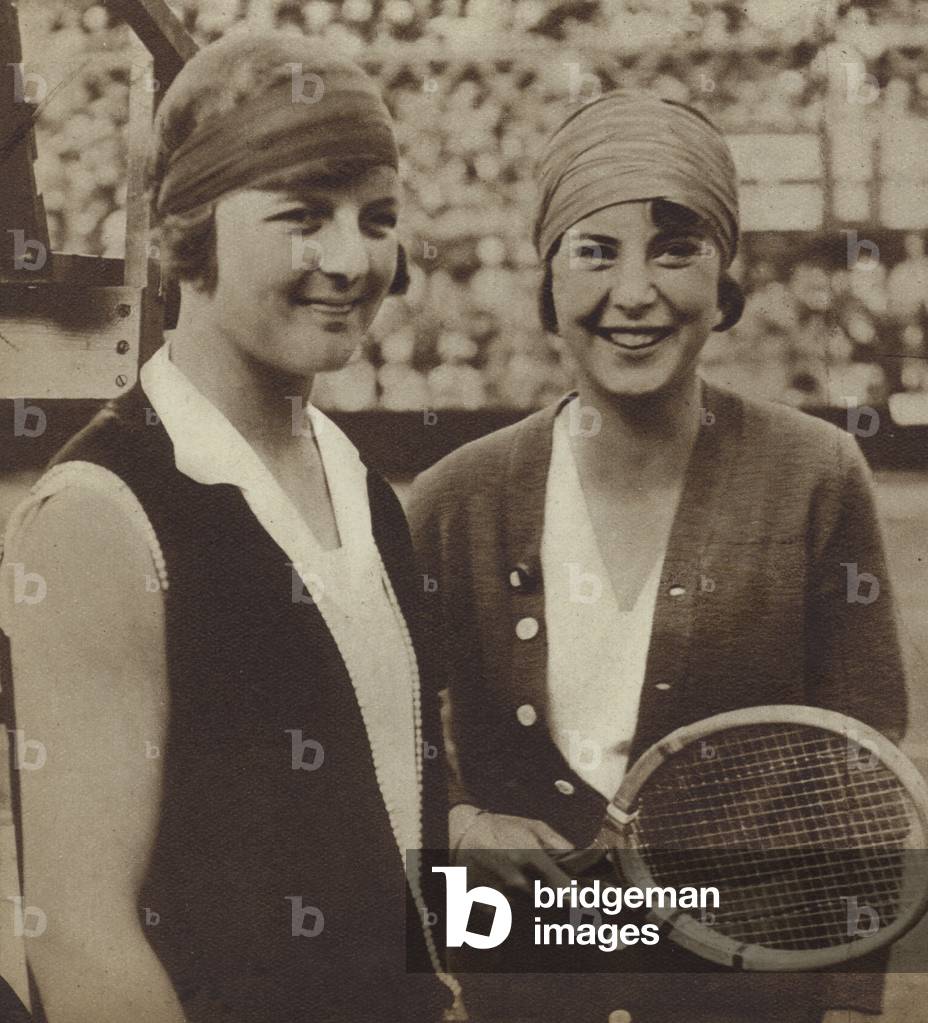 Tennis players Betty Nuthall (Britain) and Cilli Aussem (Germany) at Wimbledon, 1927 (b/w photo)