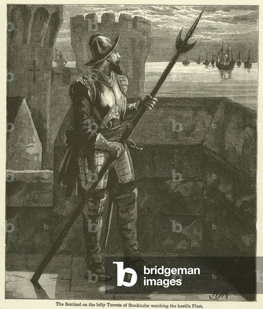 The Sentinel on the lofty Turrets of Stockholm watching the hostile Fleet (engraving)