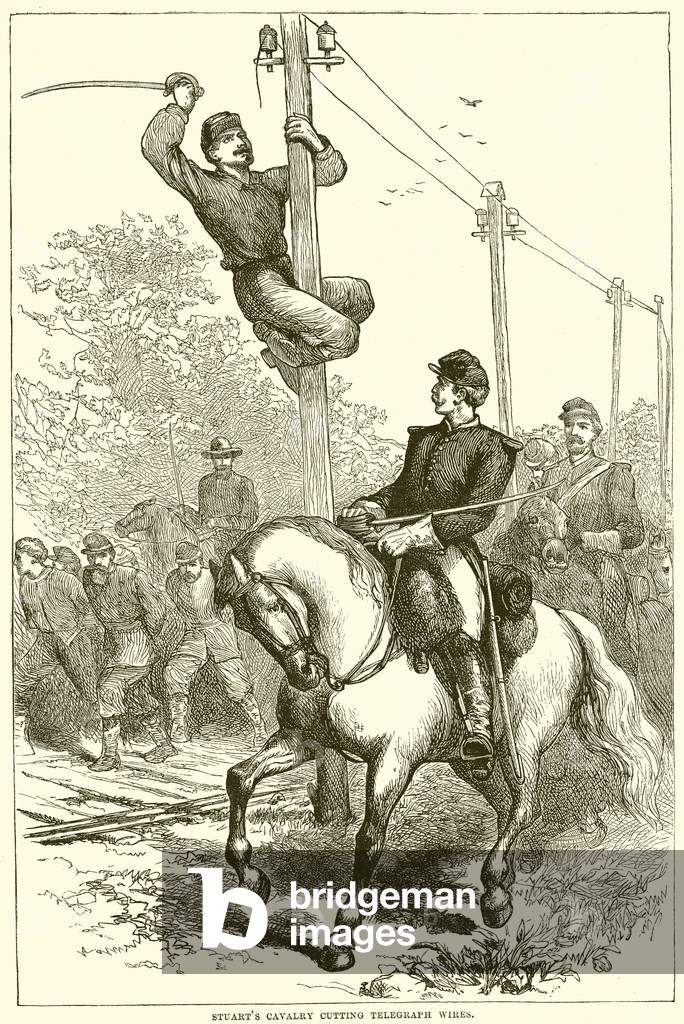 Stuart's Cavalry cutting telegraph wires (engraving)
