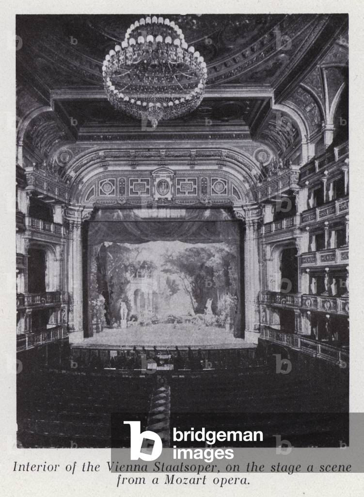 Interior of the Vienna Staatsoper, on the stage a scene from a Mozart opera (b/w photo)