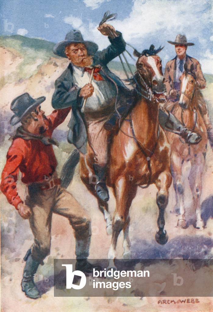 He grabbed his assailant and pulled him off his plunging horse (colour litho)