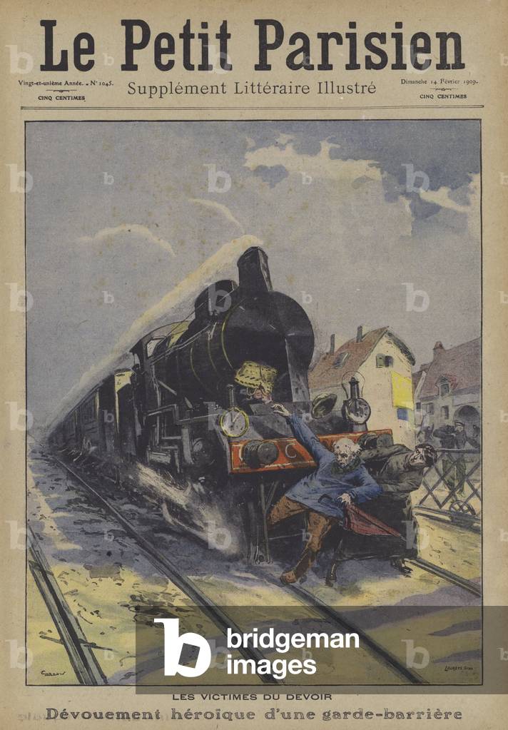 Heroic devotion to duty of a railway level crossing guard (colour litho)