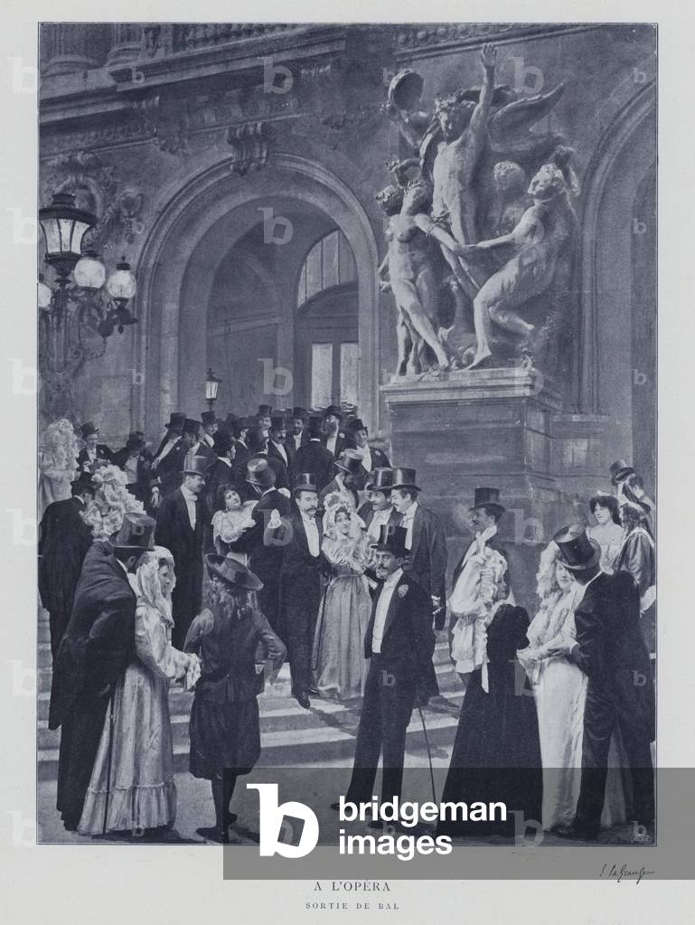Leaving a ball at the Paris Opera (b/w photo)