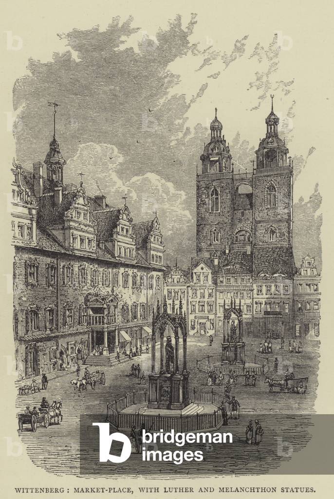 Wittenberg, Market-Place, with Luther and Melanchthon Statues (engraving)
