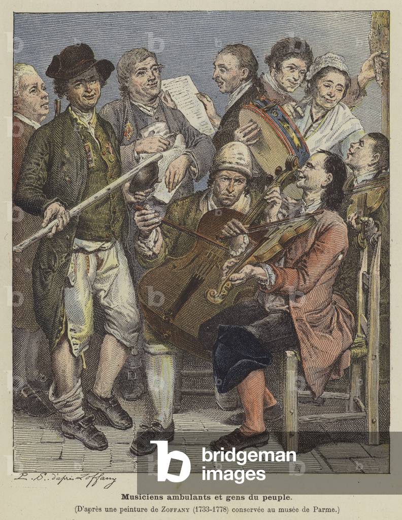 Travelling musicians and common people (colour litho)