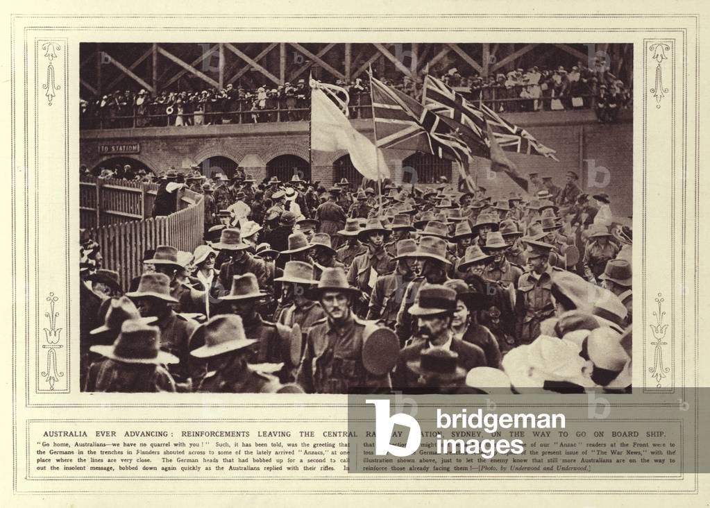 Australia ever advancing, reinforcements leaving the Central Railway Station, Sydney, on the way to go on board ship (b/w photo)