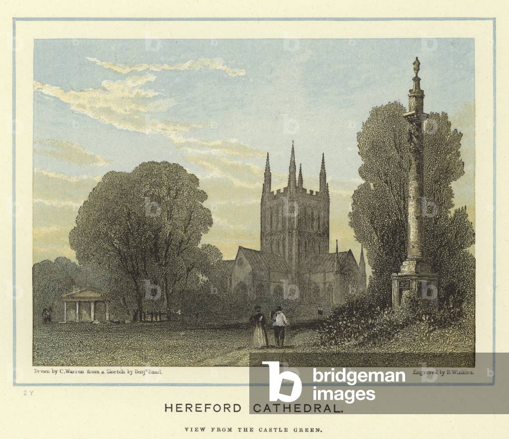 Hereford Cathedral, view from the Castle Green (colour litho)