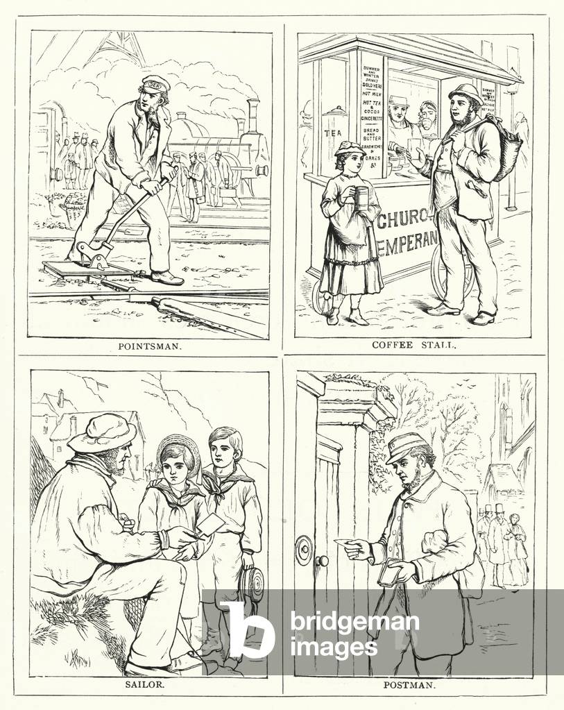 Pointsman, Coffee stall, Sailor, Postman (engraving)