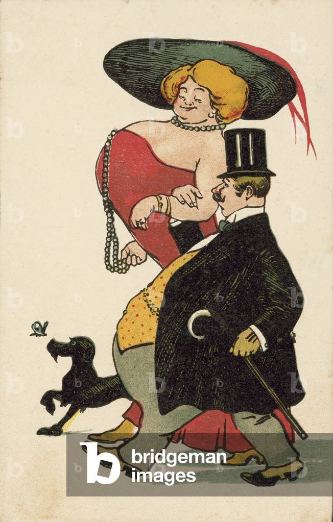 Fat man, busty lady, walking the dog (colour litho)
