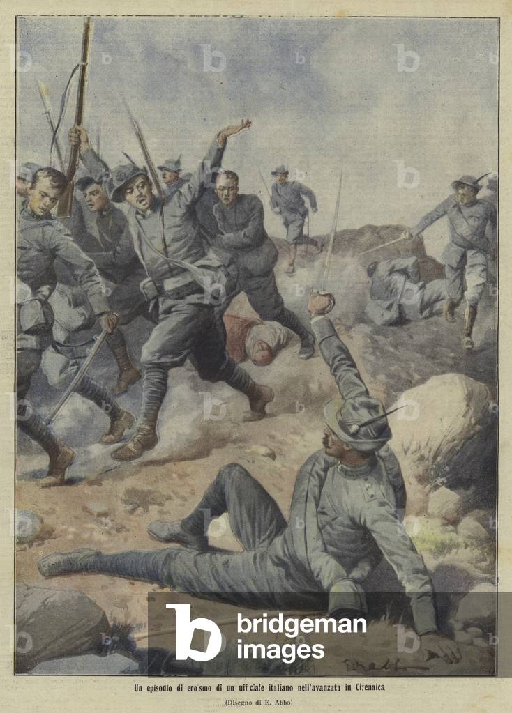 Heroism of an Italian Army officer during the advance in Cyrenaica (colour litho)