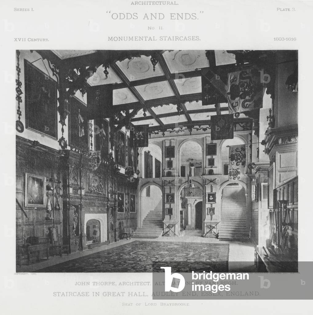 Staircase in the Great Hall, Audley End, Essex, England (b/w photo)