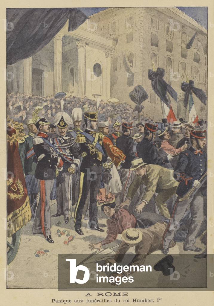 Crush caused by panic at the funeral of King Umberto I of Italy in Rome (colour litho)