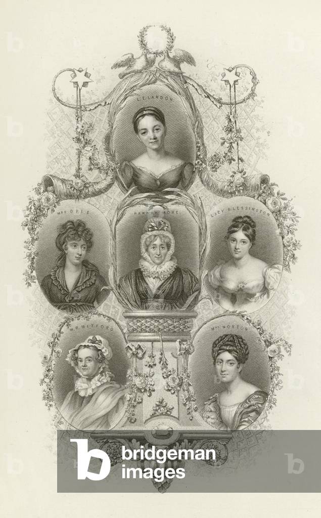 L E Landon, Mrs Opie, Hannah More, Lady Blessington, M R Mitford, Mrs Norton (engraving)