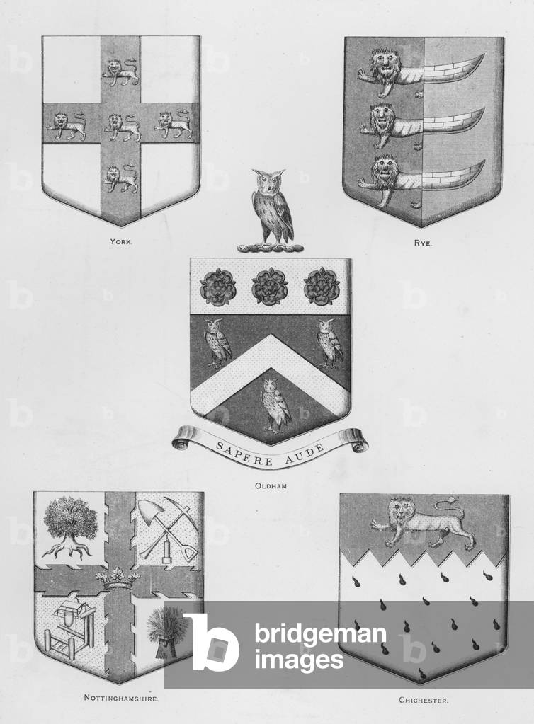 Public arms: York; Rye; Oldham; Nottinghamshire; Chichester (engraving)