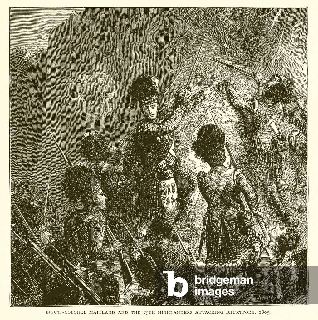 Lieut.-Colonel Maitland and the 75th Highlanders attacking Bhurtpore, 1805 (engraving)