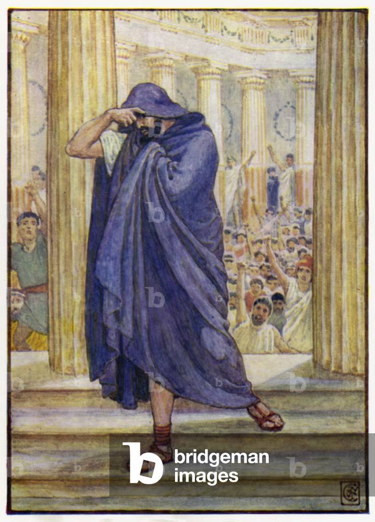 He left the assembly, hiding his face in his cloak (colour litho)