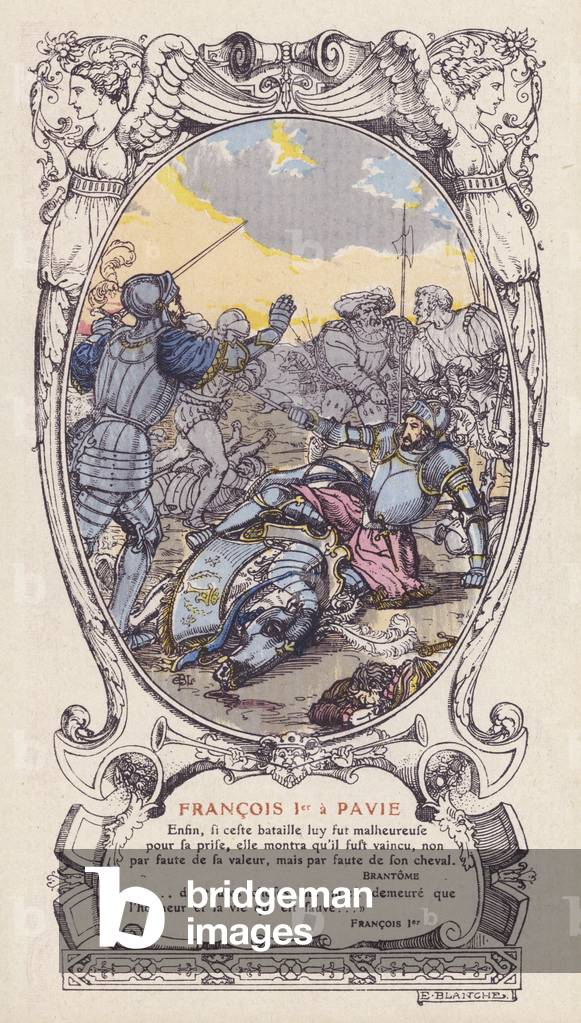 King Francis I of France captured at the Battle of Pavia, Italy, 1525 (colour litho)