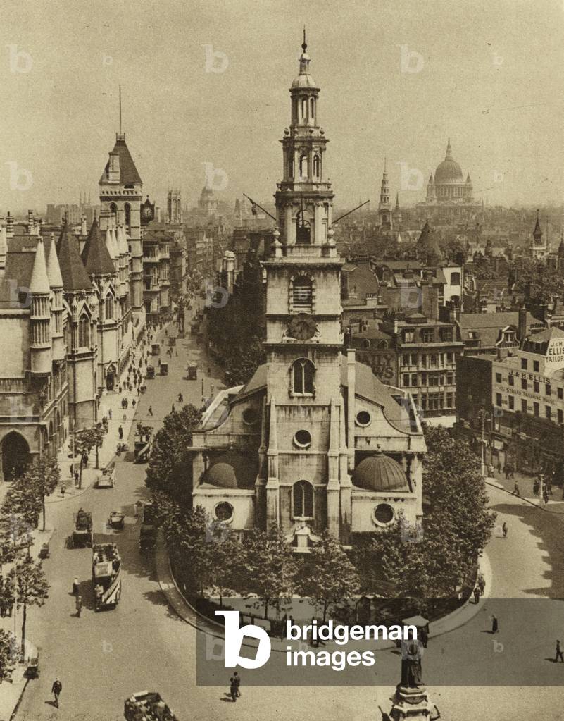 St Clement Danes, the Strand and Fleet Street from Australia House (b/w photo)