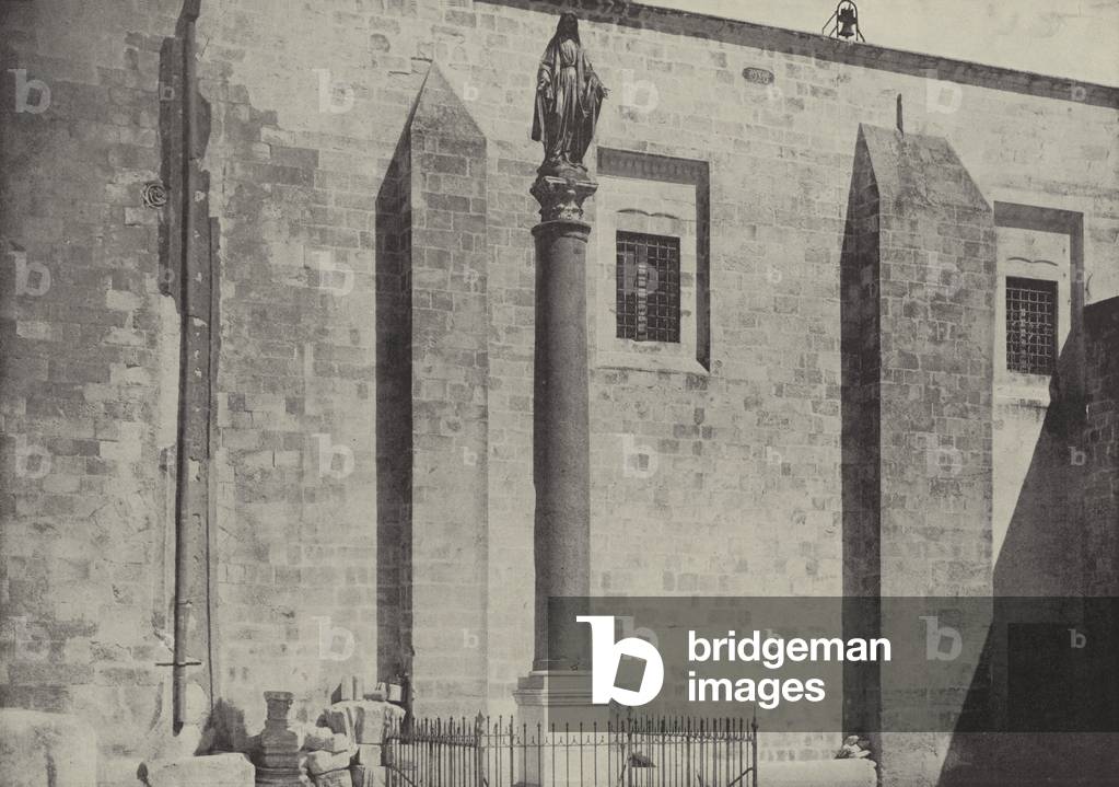 Column and Statue of the Virgin, Nazareth, near the site of the home of Joseph and Mary (b/w photo)