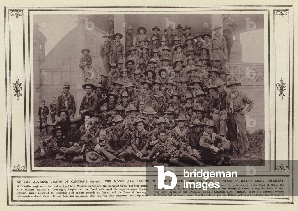 Of the advance guard of Canada's 100000, the Moose Jaw Legion of Frontiersmen, embodied with Princess Patricia's Light Infantry (b/w photo)