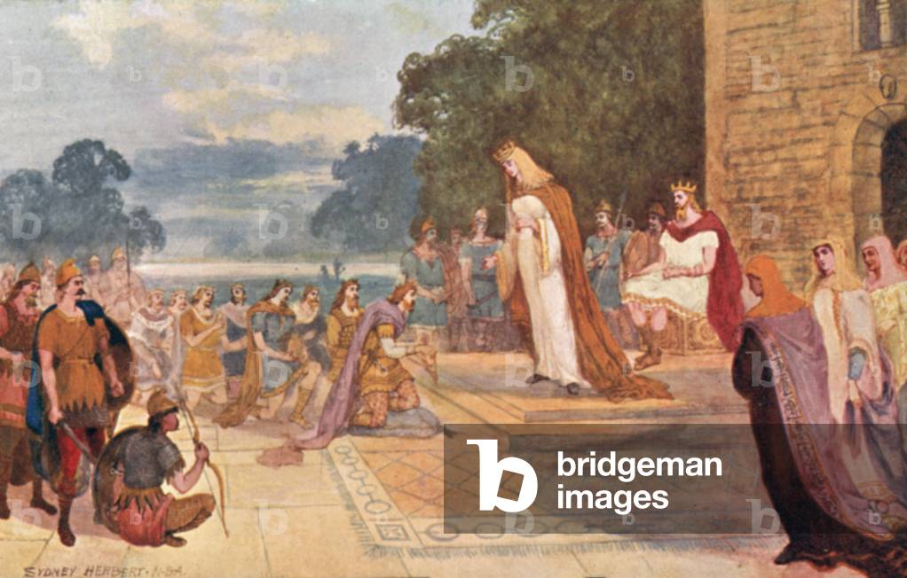 King Edgar with Queen Elfrida receivng the homage of eight tributary Princes at Chester, 973 AD (colour litho)