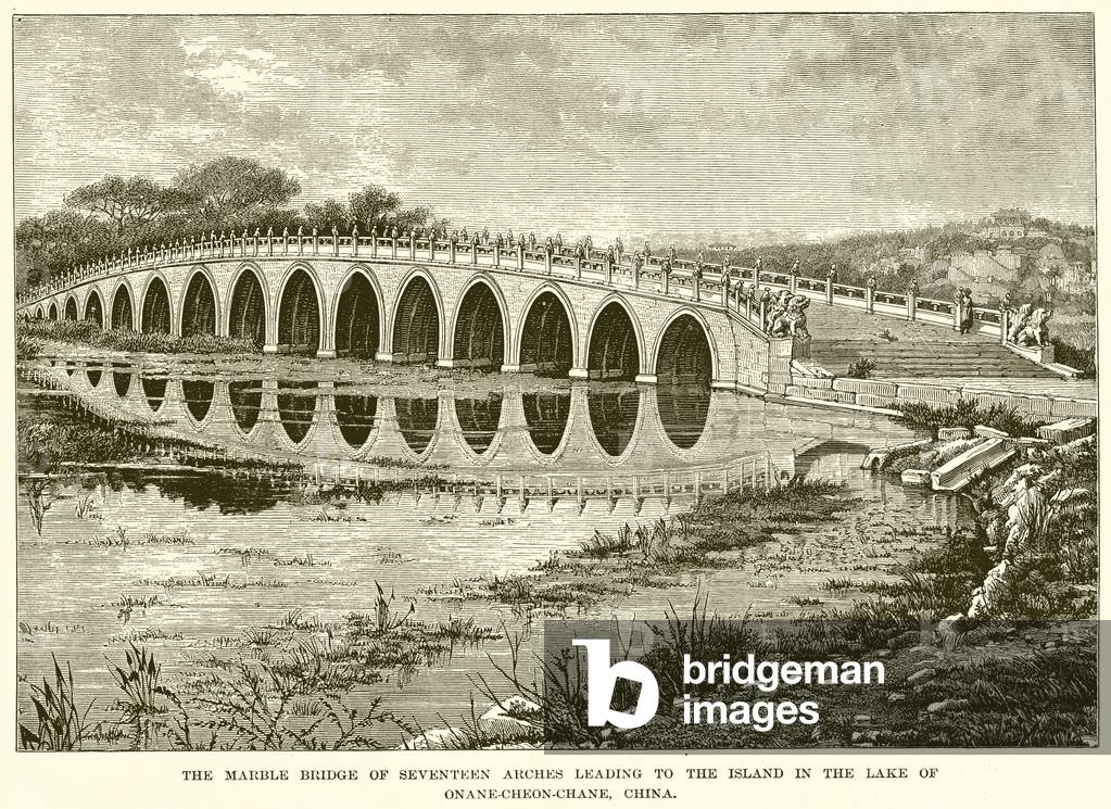The Marble Bridge of Seventeen Arches leading to the Island in the Lake of Onane-Cheon-Chane, China (engraving)