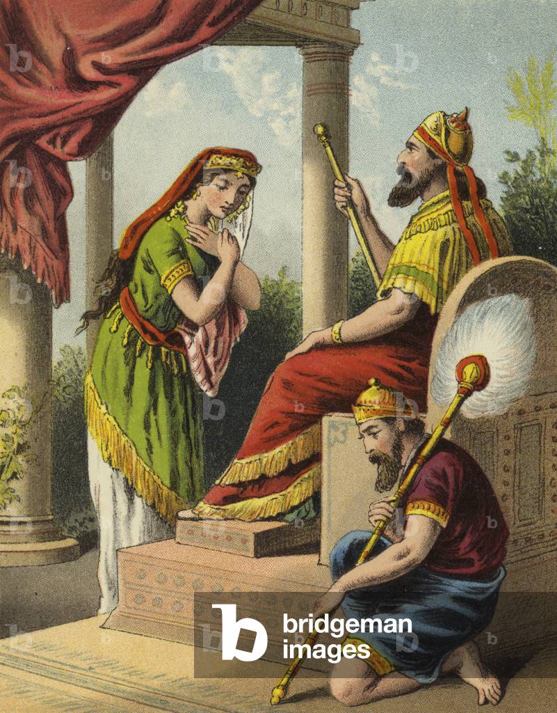 The Story of Queen Esther: Esther invites King Ahasuerus to a banquet (colour litho)